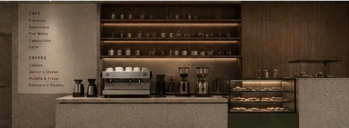 Barra de café con carta rotulada en el muro, molinos, cafetera y vitrina de bollería.