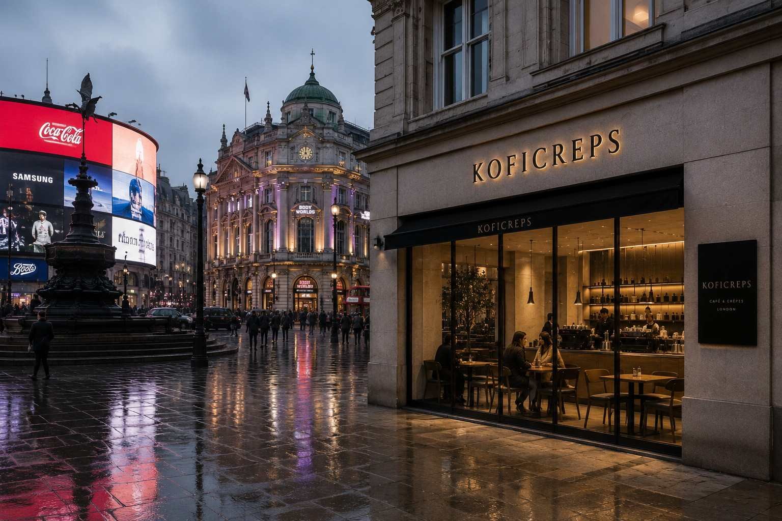 Local de KOFICREPS junto a Piccadilly Circus en Londres, con las pantallas publicitarias reflejadas sobre la calzada mojada.