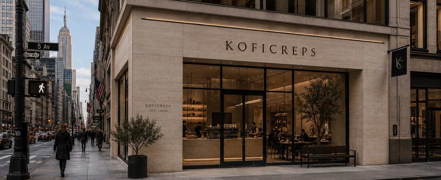 Esquina de KOFICREPS en la Quinta Avenida de Nueva York, con el Empire State recortado al fondo de la avenida y viandantes en la acera.