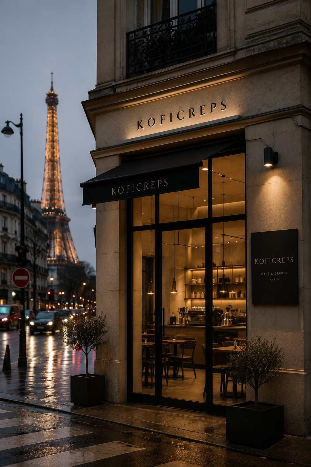 Fachada de KOFICREPS en una calle de París al anochecer, con la torre Eiffel iluminada al fondo y el pavimento mojado por la lluvia.