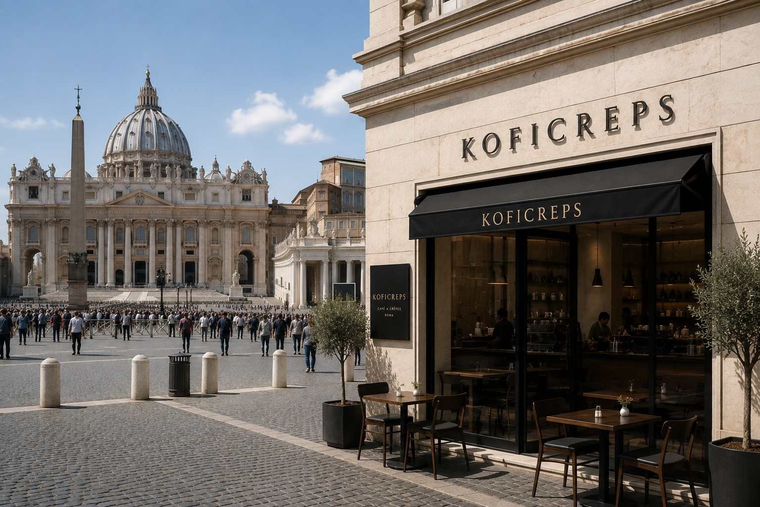 Terraza de KOFICREPS en una plaza empedrada de Roma, con la cúpula de San Pedro al fondo bajo un cielo despejado.