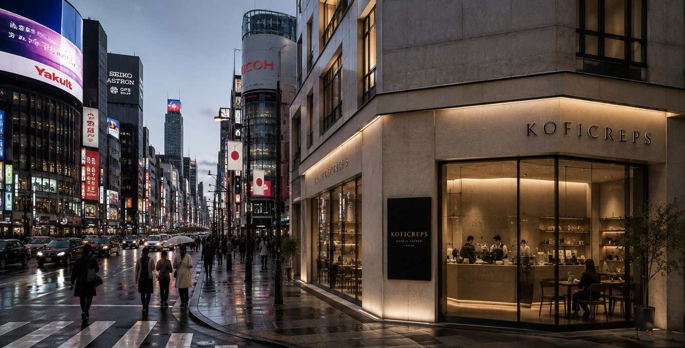 Local esquinero de KOFICREPS en Ginza, Tokio, con el interior iluminado y los rótulos luminosos de la avenida reflejados en el asfalto húmedo.