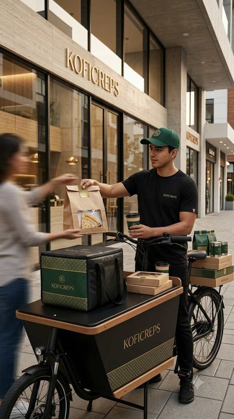 Repartidor de KOFICREPS entregando un pedido en bicicleta de carga a una clienta en la calle.