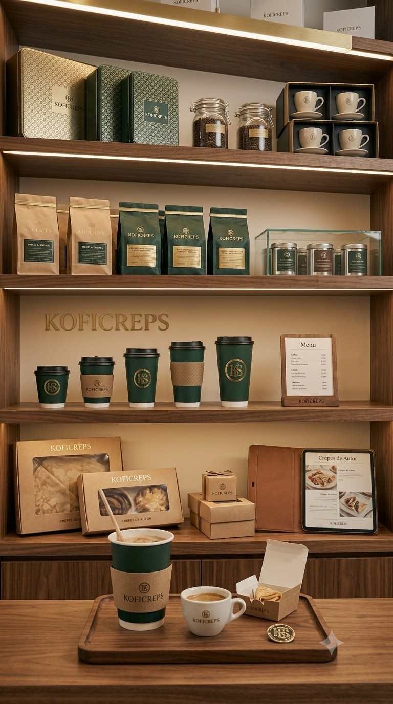 Estantería de tienda con bolsas de café, latas, vajilla, cajas de crepes y vasos KOFICREPS sobre madera de nogal.