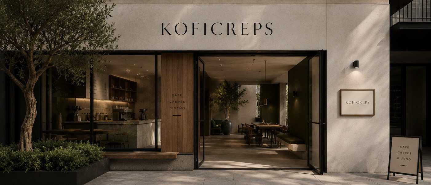 Fachada diurna de KOFICREPS: rótulo grabado en piedra, olivo en jardinera y puertas abiertas al salón.