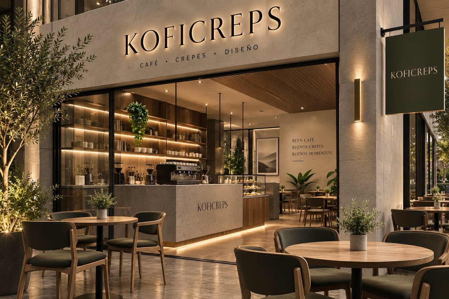Fachada de KOFICREPS al anochecer: rótulo tipográfico sobre piedra, terraza con mesas de madera y el interior iluminado en tonos cálidos.