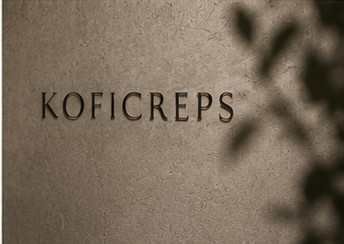 Detalle del logotipo KOFICREPS grabado en un muro de piedra caliza, con sombras de hojas.