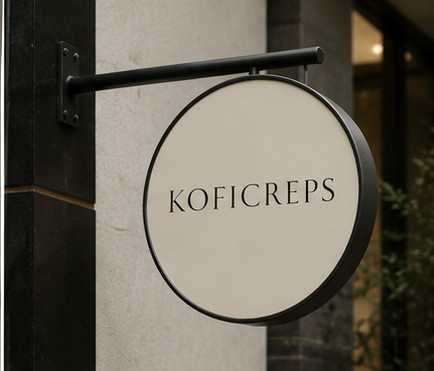 Rótulo circular colgante con el logotipo KOFICREPS sobre fondo marfil y marco negro.