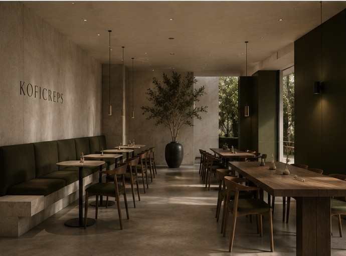 Salón interior con banco corrido verde oliva, mesas de madera y el logotipo grabado en el muro de hormigón.