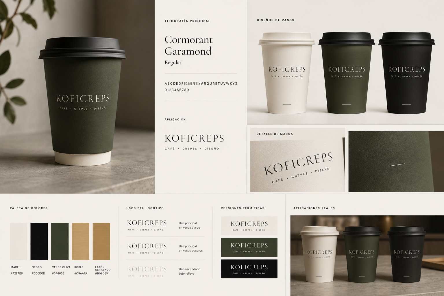 Tablero del sistema gráfico de KOFICREPS: muestra tipográfica, paleta de colores, versiones permitidas del logotipo y diseños de vaso.