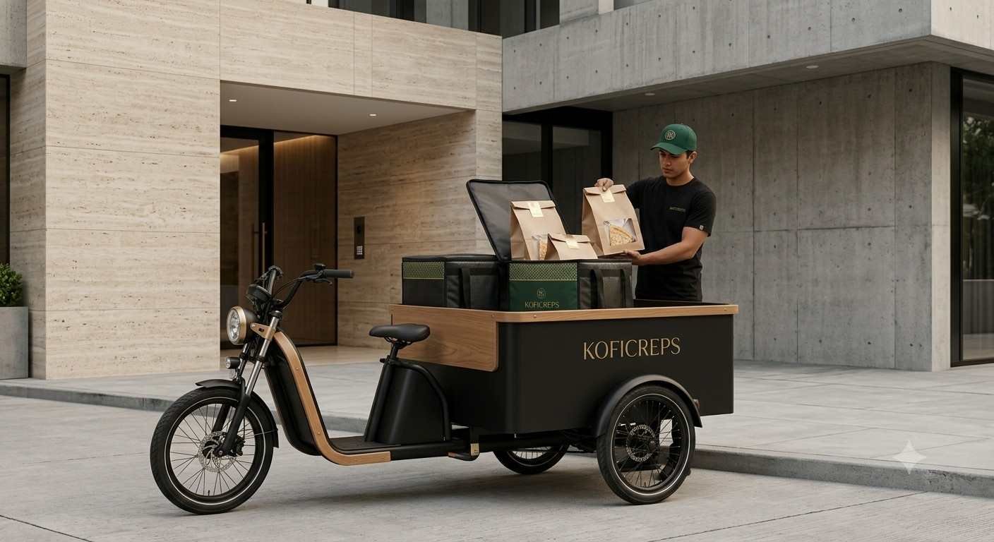 Triciclo eléctrico de reparto KOFICREPS cargado con bolsas de café frente a un edificio de hormigón.