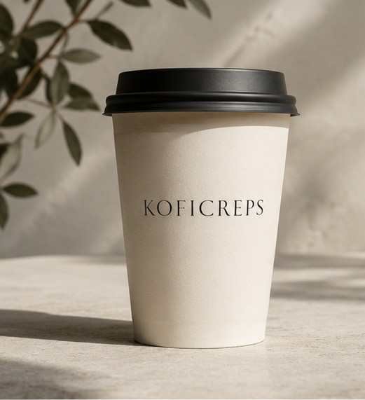 Vaso de café marfil con el logotipo impreso, sobre una encimera de piedra.